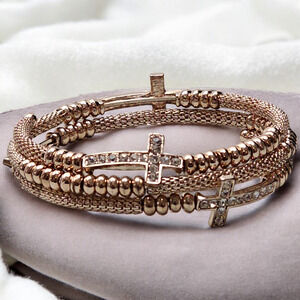 Memory Wire Bracelet Cross Rose Gold Tone Christian Catholic Religous
